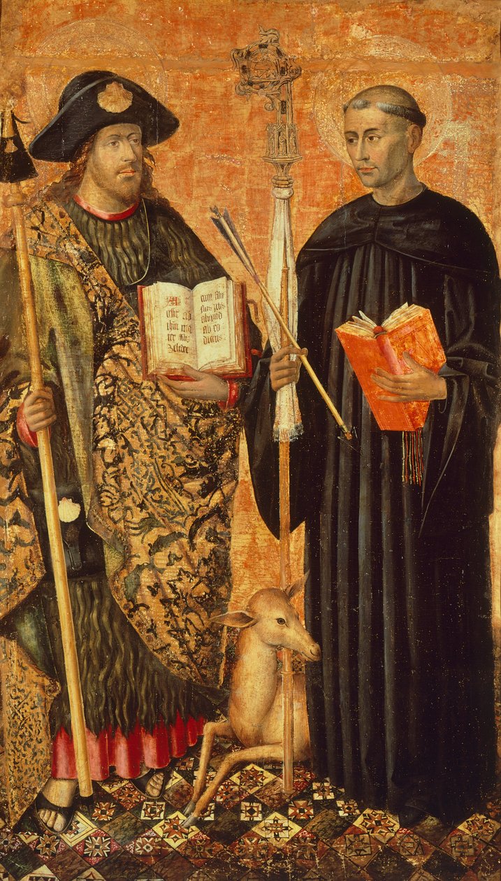 Sankt Jakob af Compostela repræsenteret i pelerin med stav, hat og skal. og eremitten Saint Gilles (7. århundrede), ca. 1450 (tempera og olie på panel) af Jacomart (c.1413 61) Baco