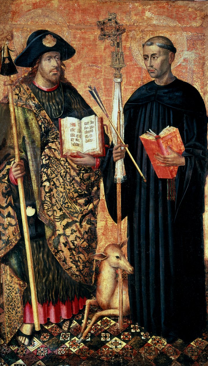 Sankt Jakob af Compostela repræsenteret i pelerin med stav, hat og skal. og eremitten Saint Gilles (7. århundrede), ca. 1450 (tempera og olie på panel) af Jacomart (c.1413 61) Baco