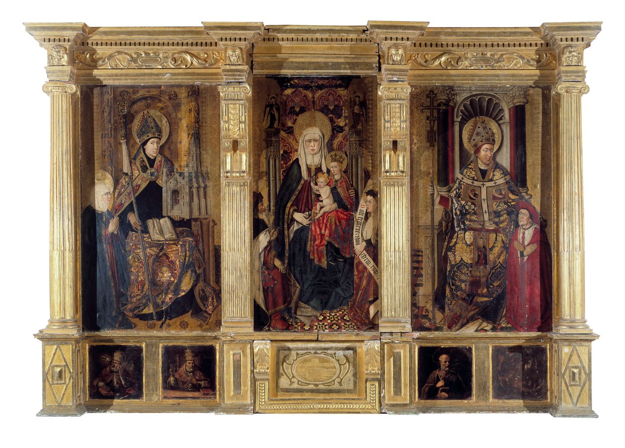 Altertavlen af Sankt Ildefonso (død 667, biskop af Tolede) og Sankt Augustin af Hippo (ca. 354-430, berberfilosof og forfatter). Maleri af Jaume Baco dit Jacomart (1410-1461). Olie på træ, ca. 1450, renæssancekunst. Cathedrale Sainte Marie la Seu af Jacomart (c.1413 61) Baco