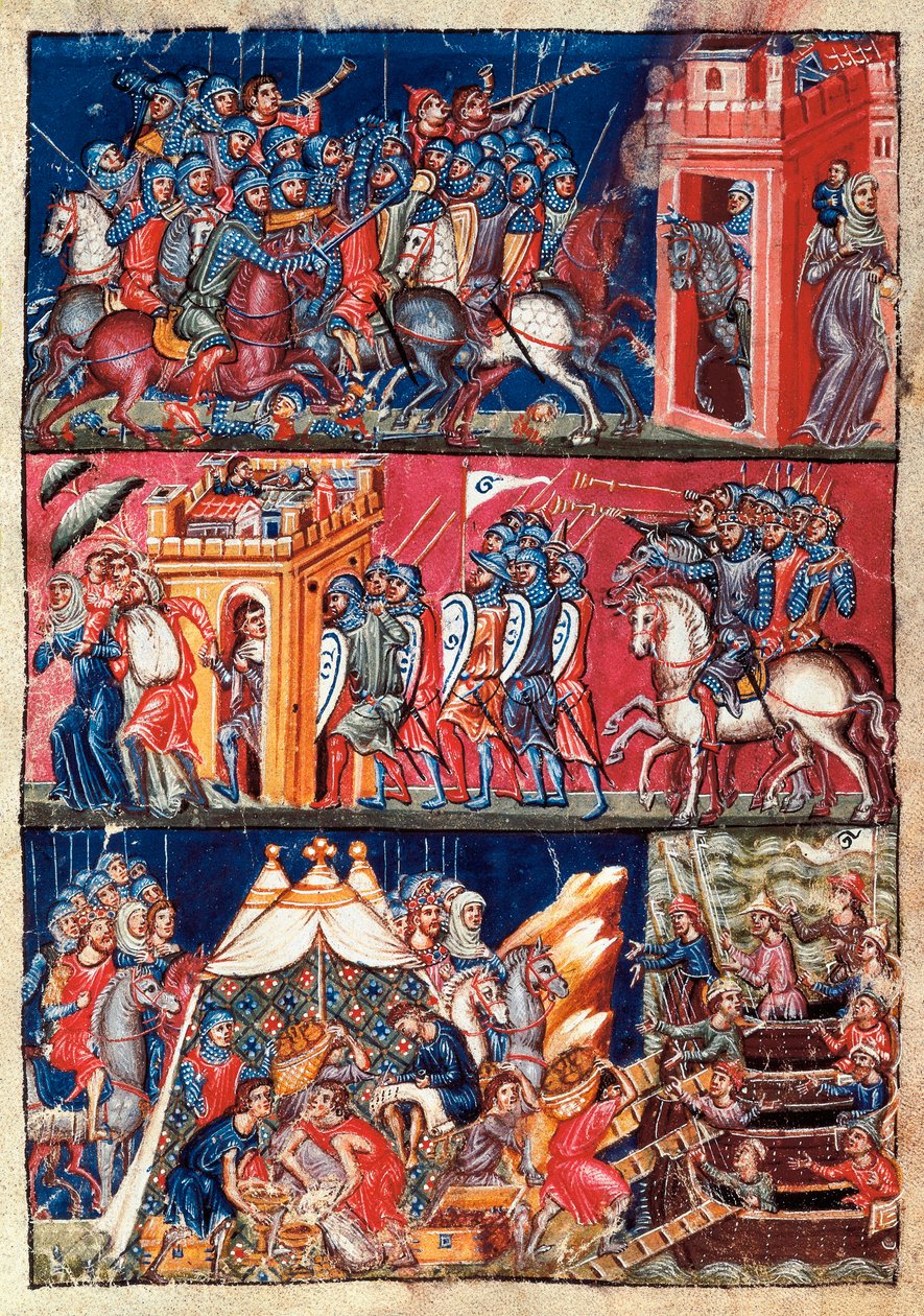 Det første plyndring af Trojan. Malet miniature fra Historia destructionis Troiae af Jacome Cromberger