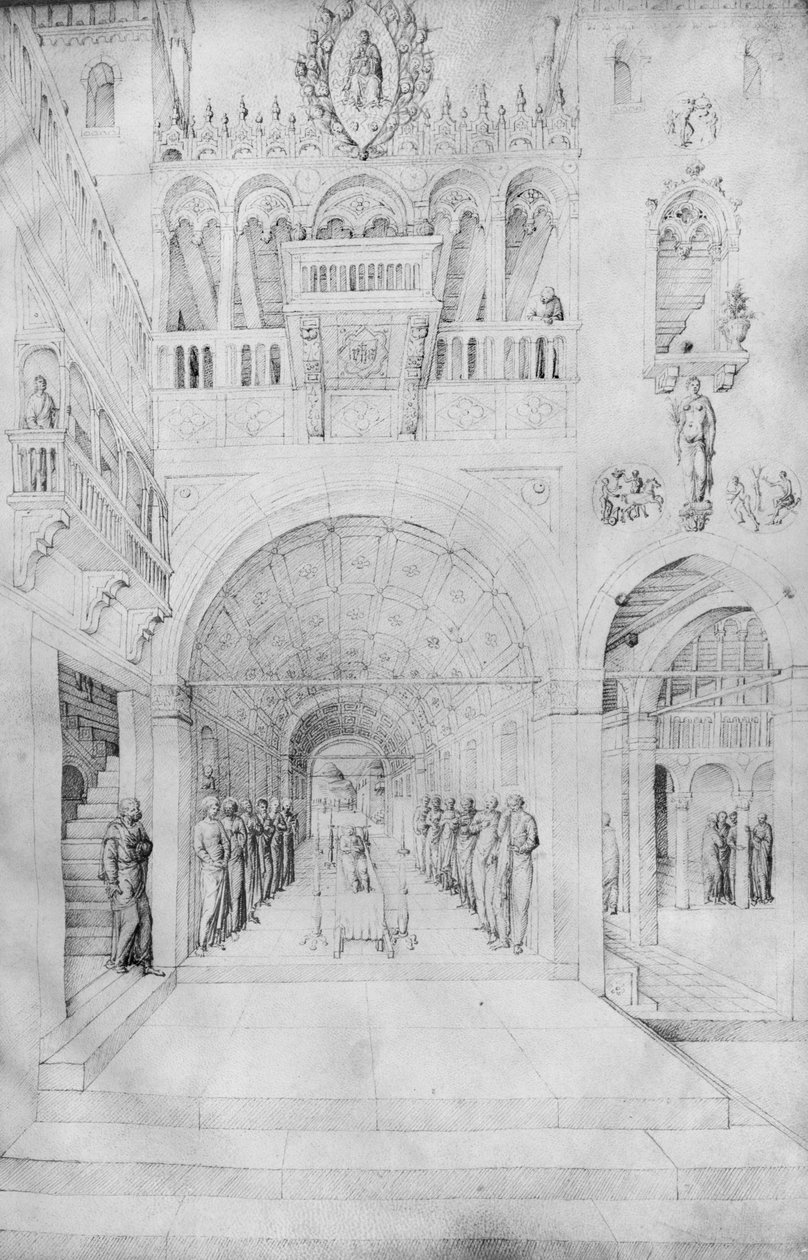 Jomfruens død i den rige arkitektur i et venetiansk palads, fra Jacopo Bellinis album af tegninger (pen og blæk på vellum) af Jacopo Bellini