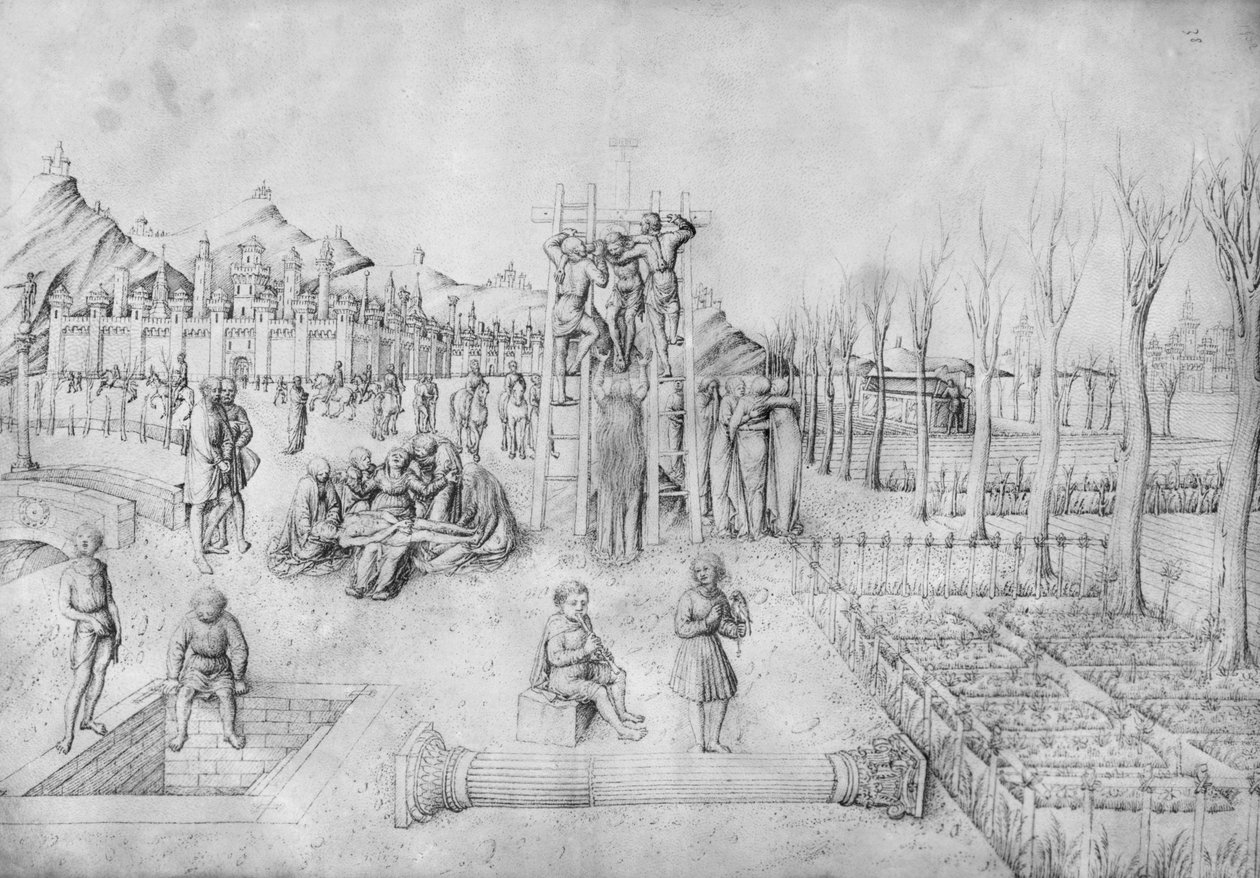 Nedstigning fra korset og Kristi klagesang i et landskab, fra Jacopo Bellini