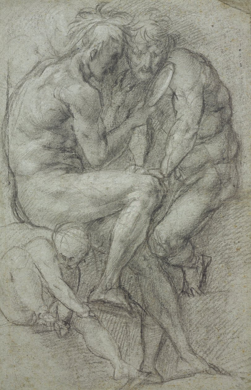 Undersøgelser af nøgenbilleder (to mænd, siddende, kigger i et spejl og en siddende dreng) af Jacopo Carucci
