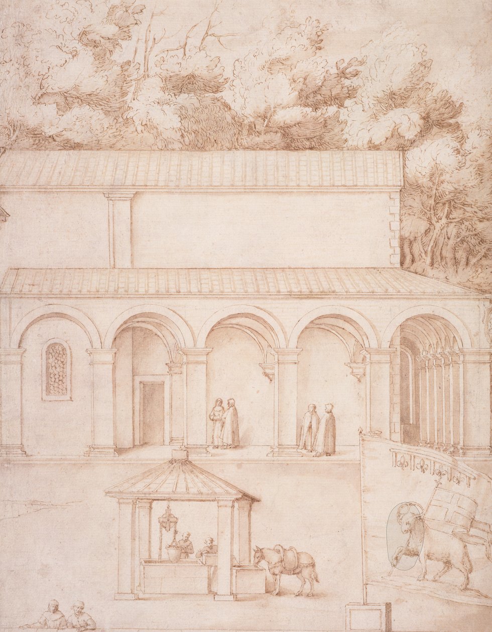 PD.54-1997 Udsigt over klosteret La Verna, gården og brønden, c.1607-12 (vask, pen og blæk på papir) af Jacopo Ligozzi