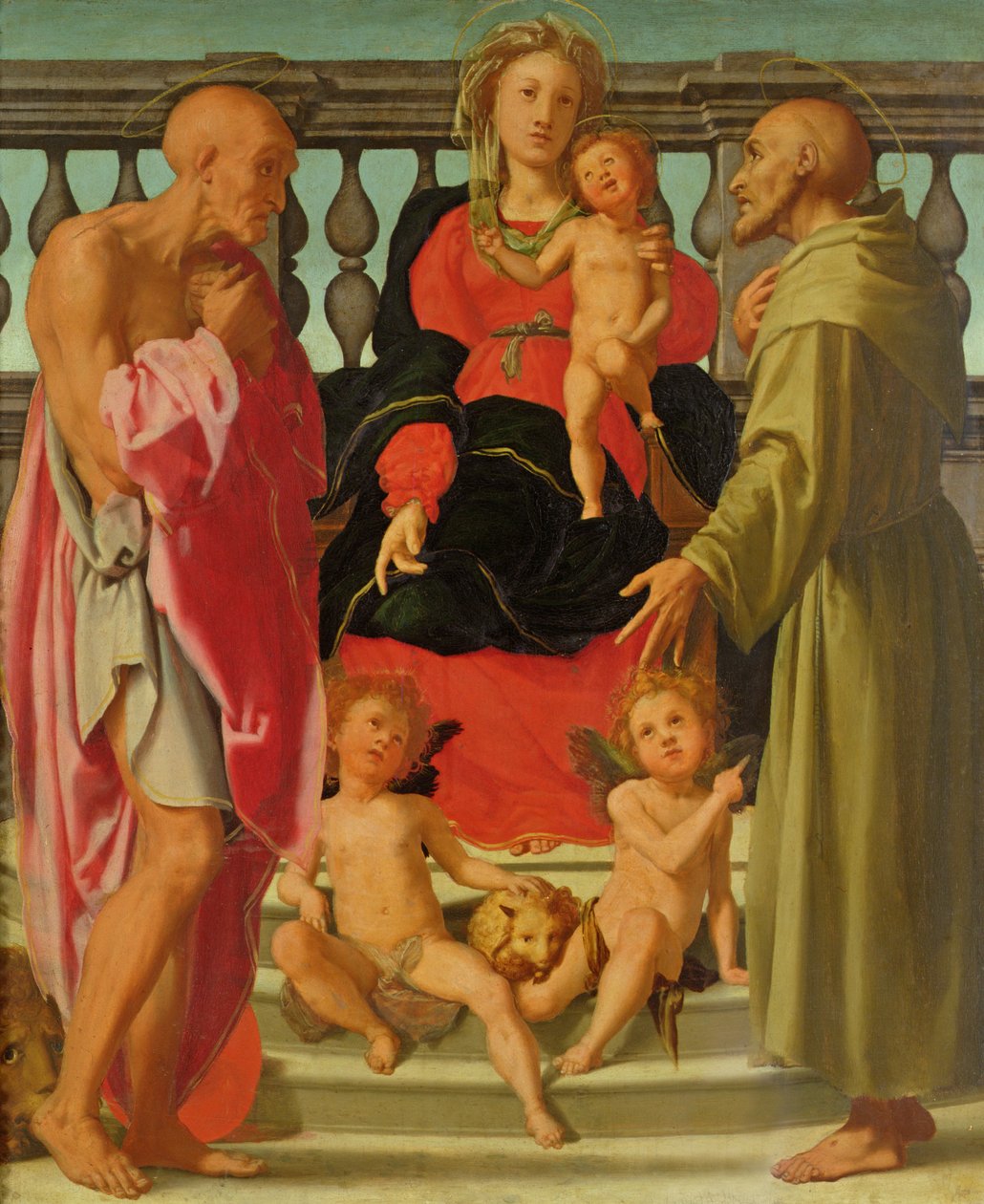 Madonna og barn med engle og SS. Jerome og Frans, ca. 1517-18 af Jacopo Pontormo