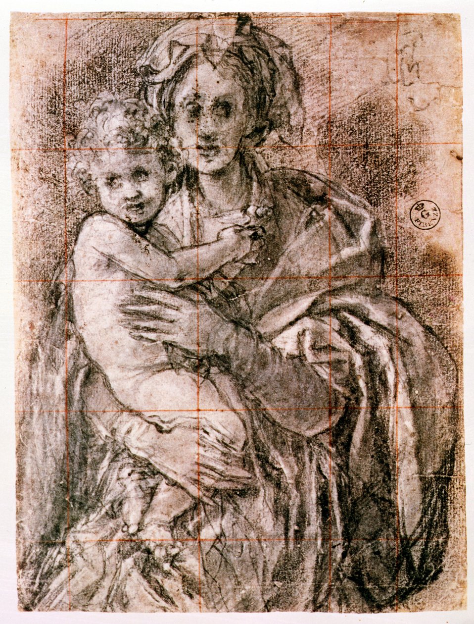 Studie for Jomfruen og Barnet med St. Joseph og Johannes Døberen, 1521-27 (sort kridt på papir) (se også 226976) af Jacopo Pontormo