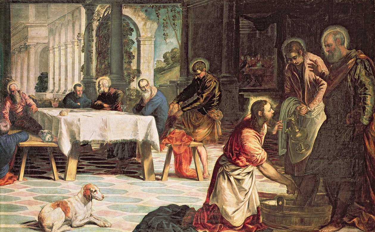 Kristus vasker disciplenes fødder, detalje på højre side, ca. 1547 af Jacopo Robusti Tintoretto