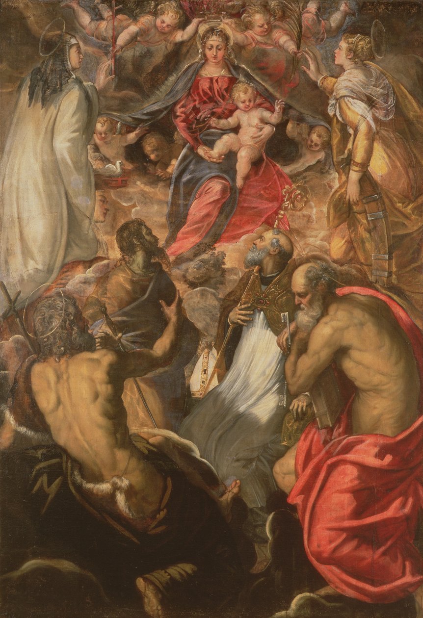Madonna og barn med helgener af Jacopo Robusti Tintoretto