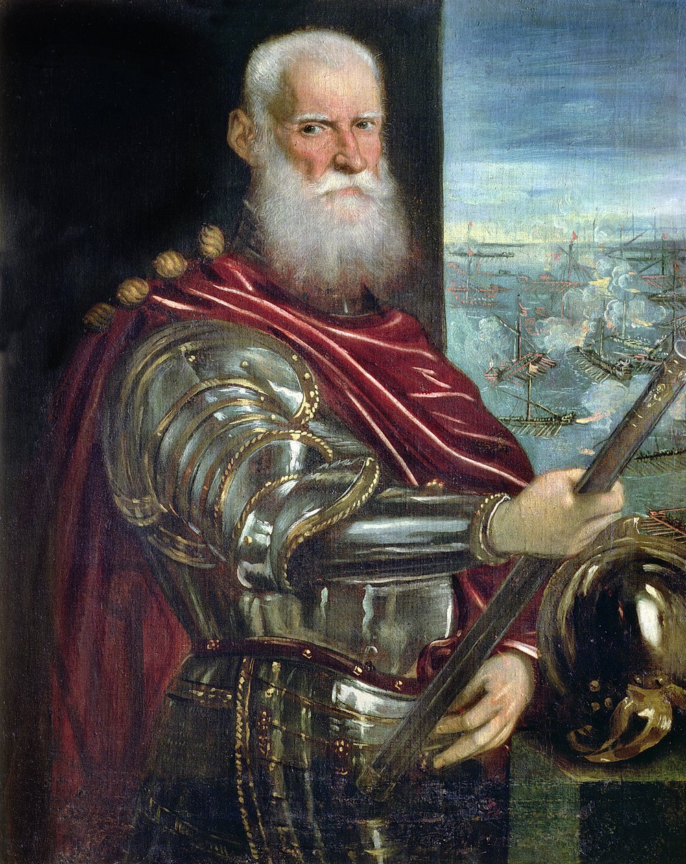 Portræt af Sebastiano Vernier (d.1578) øverstkommanderende for de venetianske styrker i krigen mod Det Osmanniske Rige med slaget ved Lepanto i baggrunden, ca. 1571 af Jacopo Robusti Tintoretto