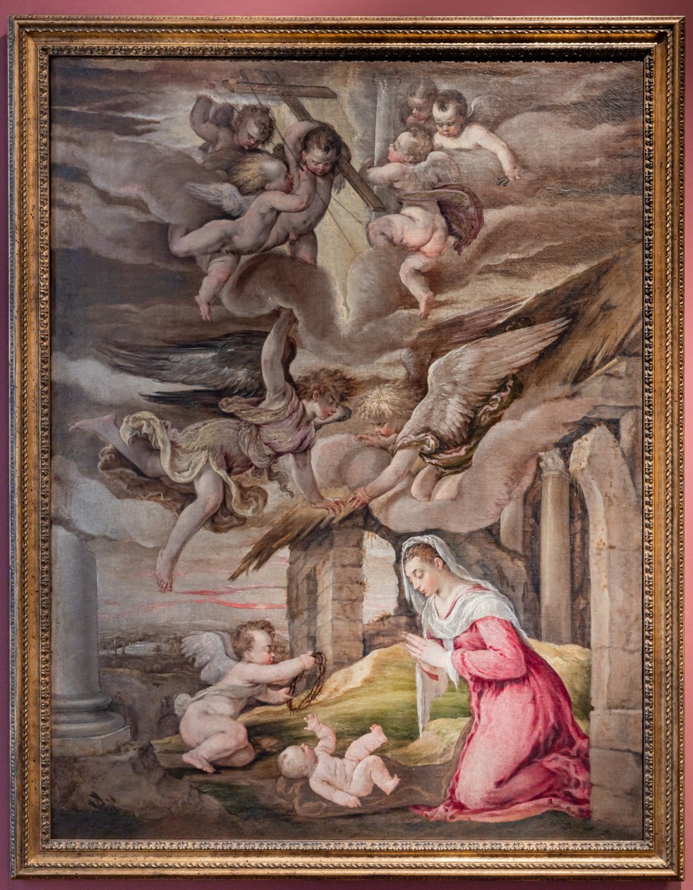 Tilbedelse af Jesusbarnet og engle med lidenskabens instrumenter af Jacopo (1510 92) Bassano