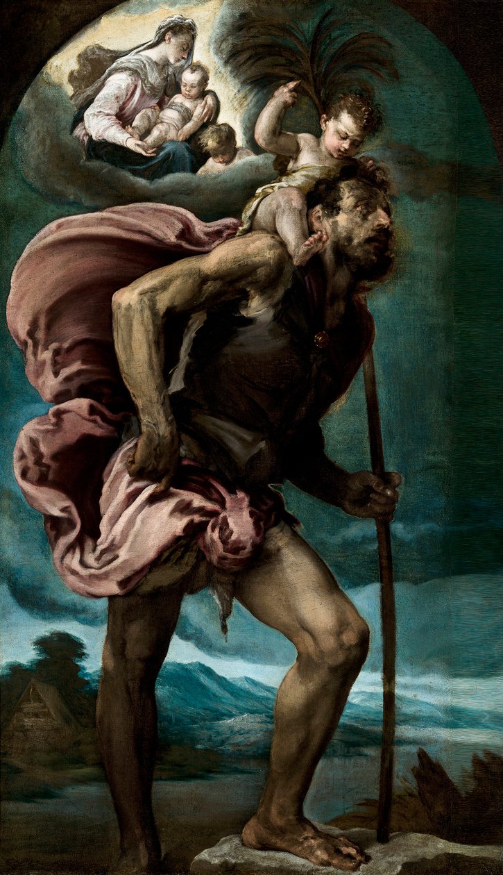 ""Saint Christopher"" Maleri af Jacopo Bassano den Ældre (ca. 1510-1592) 1559 Dim 148x87 cm Museo Nacional de Bellas Artes, Havana, Cuba ©DeAgostini/Leemage af Jacopo Bassano