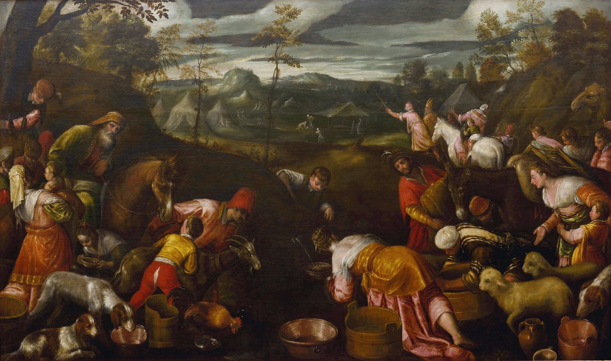 Moses slår vand fra klippen par Bassano, Jacopo, den ældste (ca. 1510-1592) (Jacopo da Ponte). Olie på lærred af Jacopo Bassano
