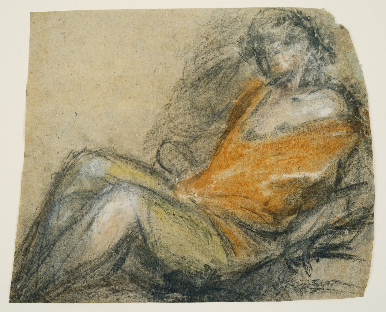 Studie af en liggende figur, ca. 1567 (sort pen, kridt og grafitpen på gråt papir) af Jacopo (1510 92) Bassano