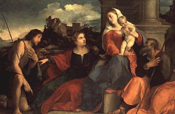 Madonna og barn med Johannes Døberen og helgener af Jacopo (c.1480 1528) Palma