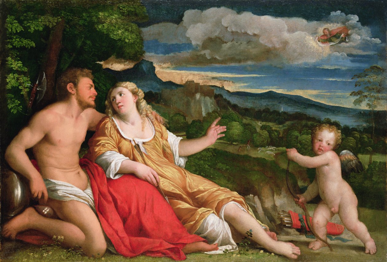 Mars, Venus og Amor (olie på lærred) af Jacopo (c.1480 1528) Palma