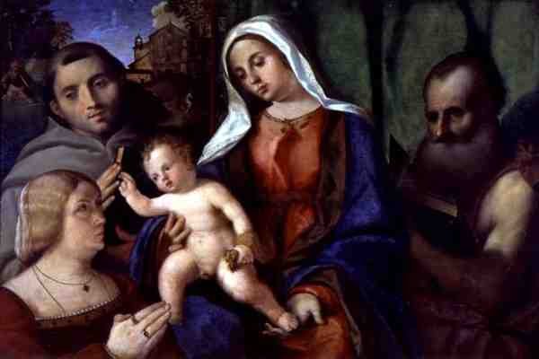 Sacra Conversazione med en donor (olie på panel) af Jacopo (c.1480 1528) Palma