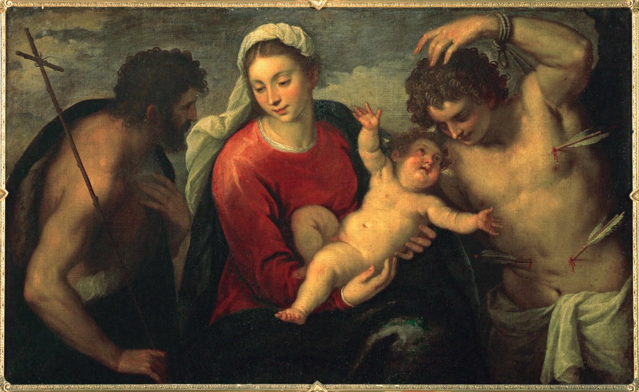 Jomfru og barn med Johannes Døberen og Sankt Sebastian ... (maleri på lærred) af Jacopo (c.1480-1528) Palma
