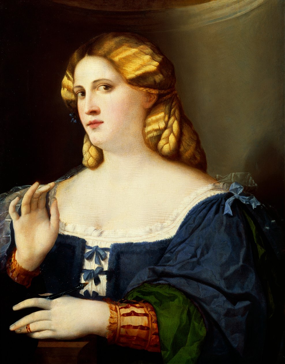 Kvinde med vifte, af Jacopo Nigretti kendt som Palma den Ældre (1480-1528) af Jacopo (c.1480 1528) Palma