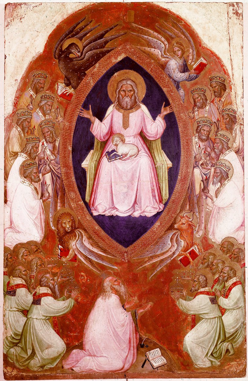Centralpanelet i Åbenbaringens Polyptykon: Synet om Sankt Johannes Evangelisten. Detrempe på træ af Jacobello Alberegno (1367-1397 ca.) 1360-1390. Gallerie dell