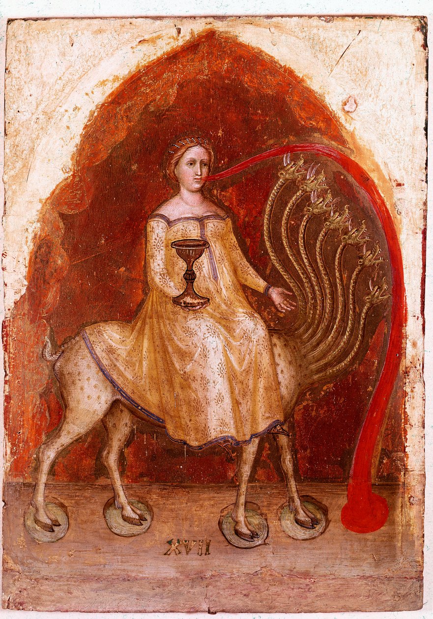 Venstre panel af Åbenbaringens Polyptykon: beten har syv hoveder og kvinden, der sidder på den, rig prostitueret. Detrempe på træ af Jacobello Alberegno (1367-1397 ca.) 1360-1390. Gallerie dell