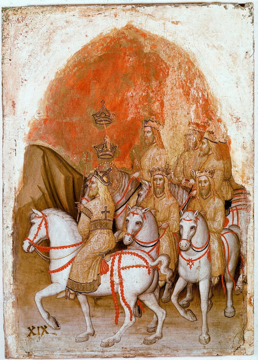 Højre panel af Åbenbaringens Polyptykon: repræsentation af de syv konger, som derefter vil blive inkarneret af Bete med syv hoveder. Detrempe på træ af Jacobello Alberegno (1367-1397 ca.) 1360-1390. Gallerie dell