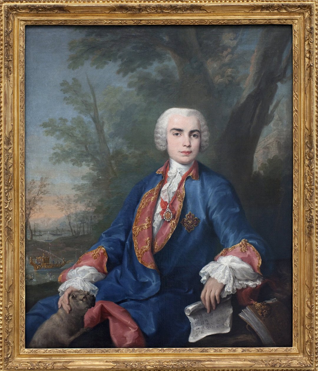 Soprankastraten Carlo Broschi, kaldet Farinelli (1705-1782). Sangeren bærer medaljen af ordenen Calatrava, på partituret han holder i hånden, nogle mål af operaen Zenobia af Gaetano Latilia. Maleri af Jacopo Amigoni (1682-1752), olie på af Jacopo Amigoni