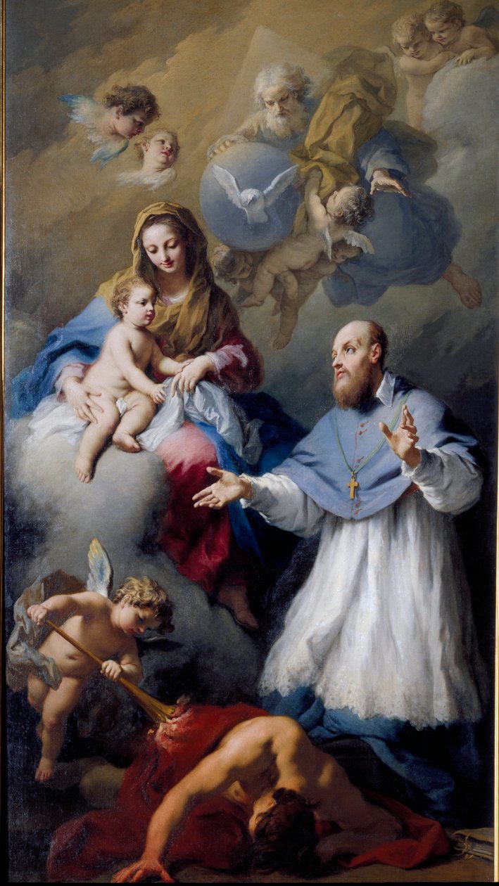 Jomfru og barn med Saint Francois-de-Sales (1567-1622), eveque for Genève Repræsentation af den hellige treenighed med Jesus Kristus, Gud og Helligåndens due. Maleri af Jacopo Amigoni (1675-1752) 1743 Venedig, Santa Maria della Fava-kirken af Jacopo Amigoni