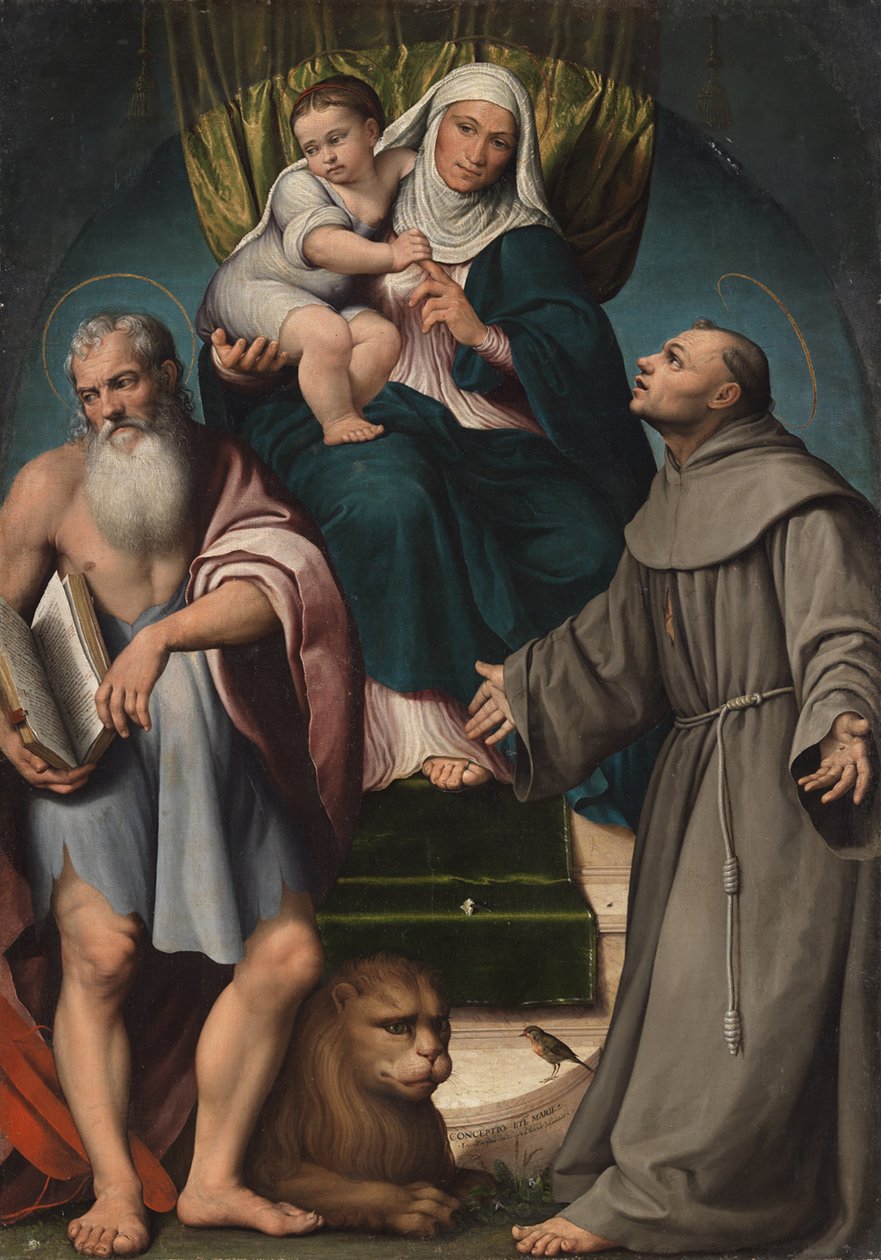 Sankt Anna og spædbarnet Kristus tronede mellem de hellige Hieronymus og Frans, 1541. af Jacopo Bassano il vecchio