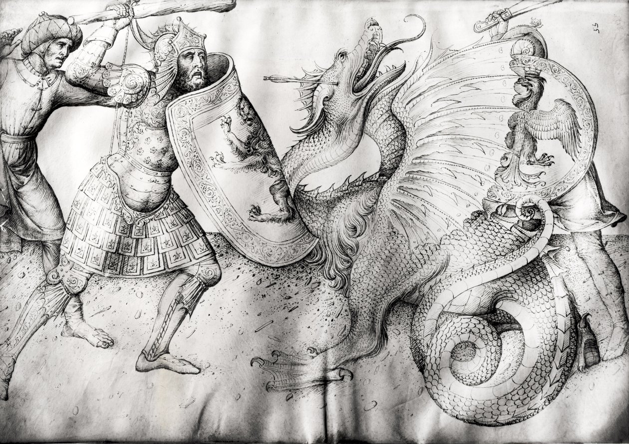 Kamp mellem krigere og en drage, ca. 1450 (blæk på pergament) af Jacopo Bellini