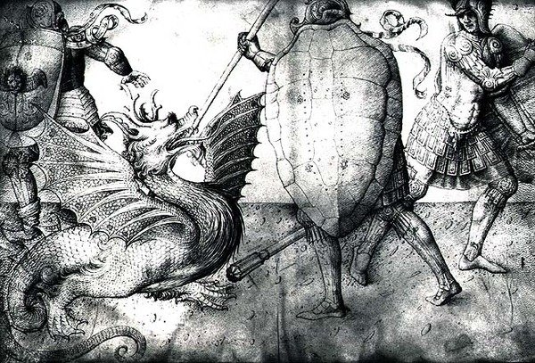 Krigere, der kæmper mod en drage, ca. 1450 (blæk på vellum) af Jacopo Bellini