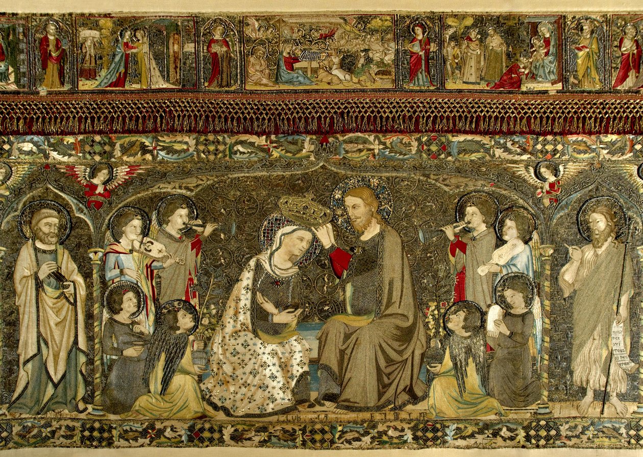Jomfruens kroning mellem otte engle og fjorten hellige (kirkeligt broderi) af Cambi, Jacopo (aktiv ca 1336) af Jacopo Cambi