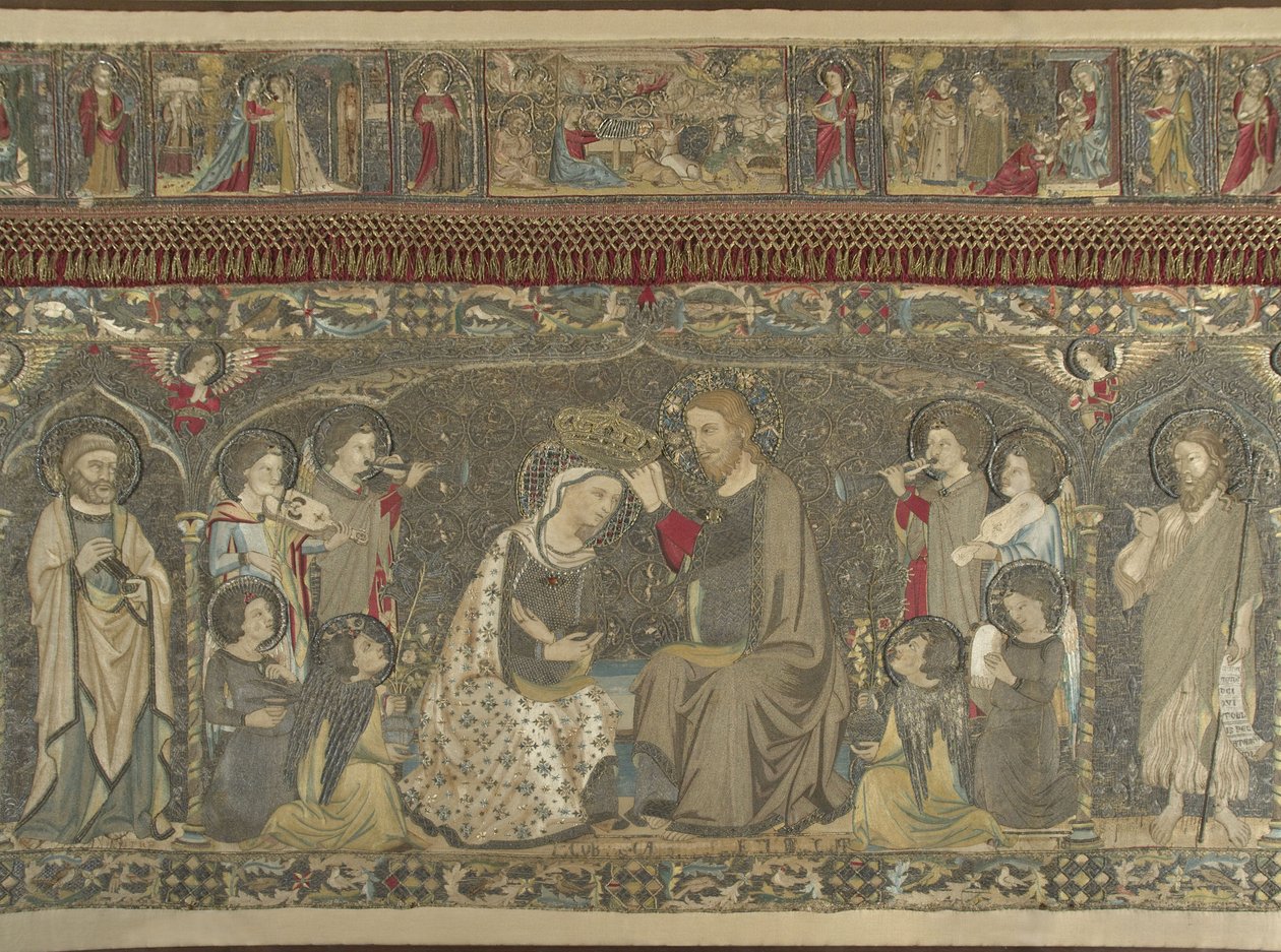 Jomfruens kroning mellem otte engle og fjorten hellige Kirkeligt broderi, 1 af Jacopo Cambi