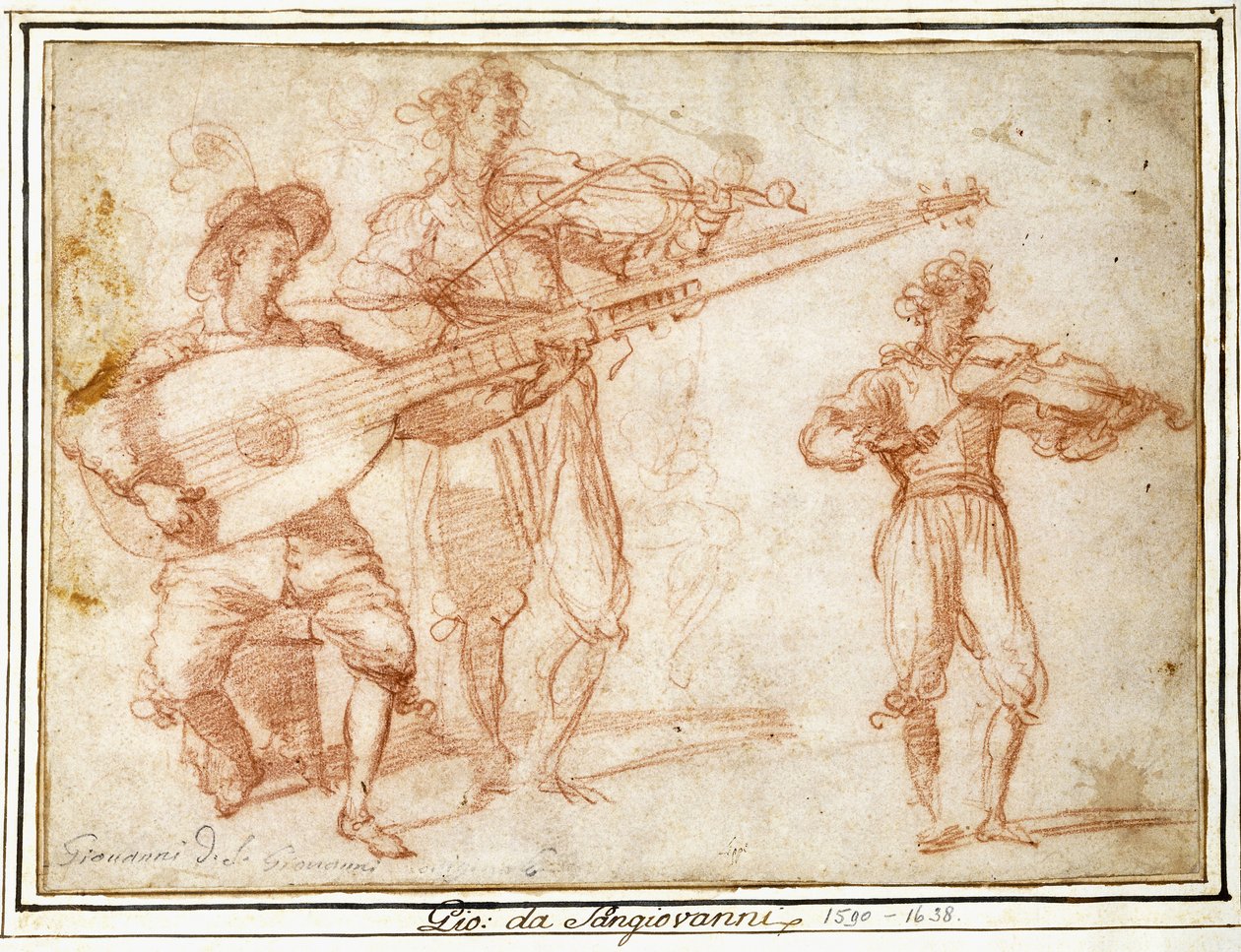 To musikere, der spiller en Chiatarrone og en violin, med et understudium af den anden musiker af Jacopo Confortini