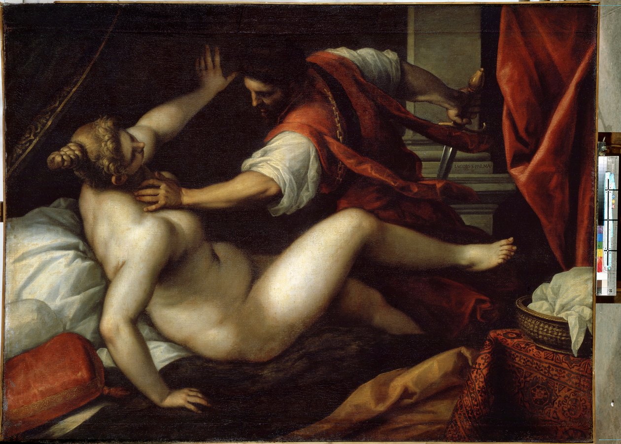 Tarquin og Lucretia (Tarquinius og Lucretia). Sextus Tarquinius voldtager Lucretius, en begivenhed, der ville have ført til monarkiets fald og begyndelsen af ​​republikken i det antikke Rom, i 509 f.Kr. Maleri af Jacopo Palma il Giovane (De unge af Jacopo Il Giovane Palma