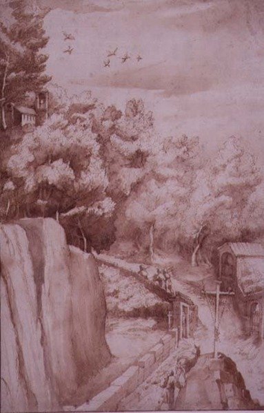 PD.52-1997 Udsigt over klosteret La Verna, vejen der fører til klosteret, ca. 1607-12 (vask, pen og blæk på papir) af Jacopo Ligozzi
