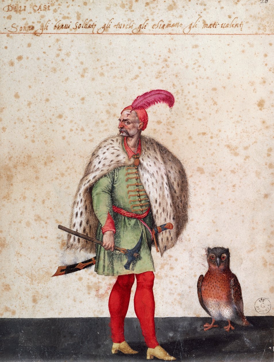 Tyrkisk soldat med ugle, tegning af Jacopo Ligozzi (1547-1627) af Jacopo Ligozzi