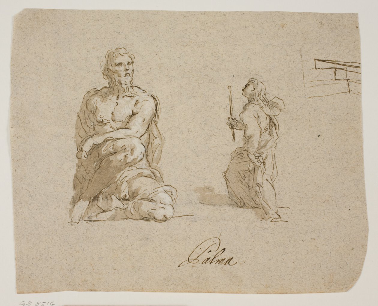 Knælende mand, pige med et stearinlys montering af trapper (jomfruen går ind i templet), perspektivskitse til trappen af Jacopo Palma