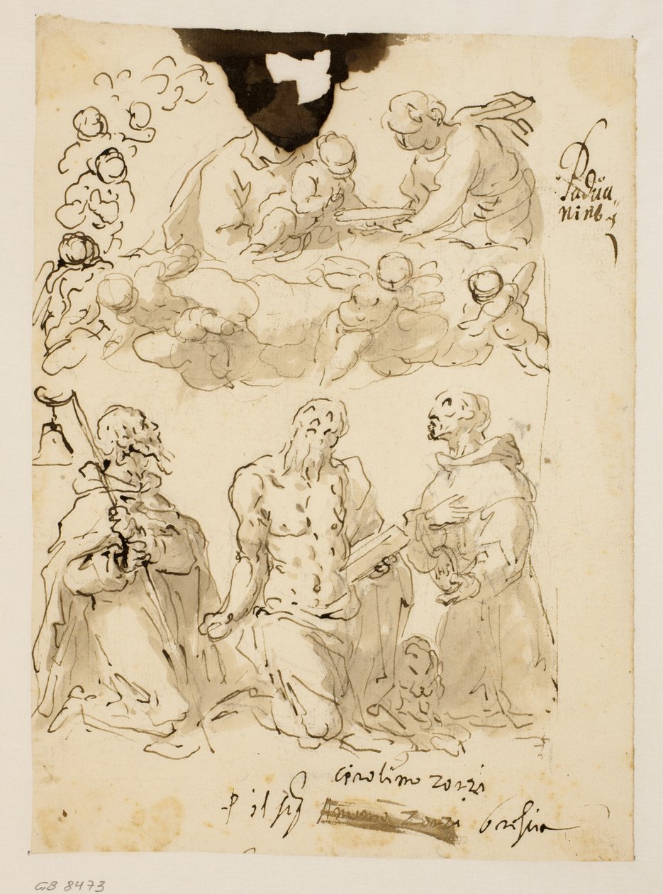 Sts Antony, Jerome og Bernardino knælende, med Jomfruen og spædbarnet Kristus omgivet af børneengle hinsides af Jacopo Palma