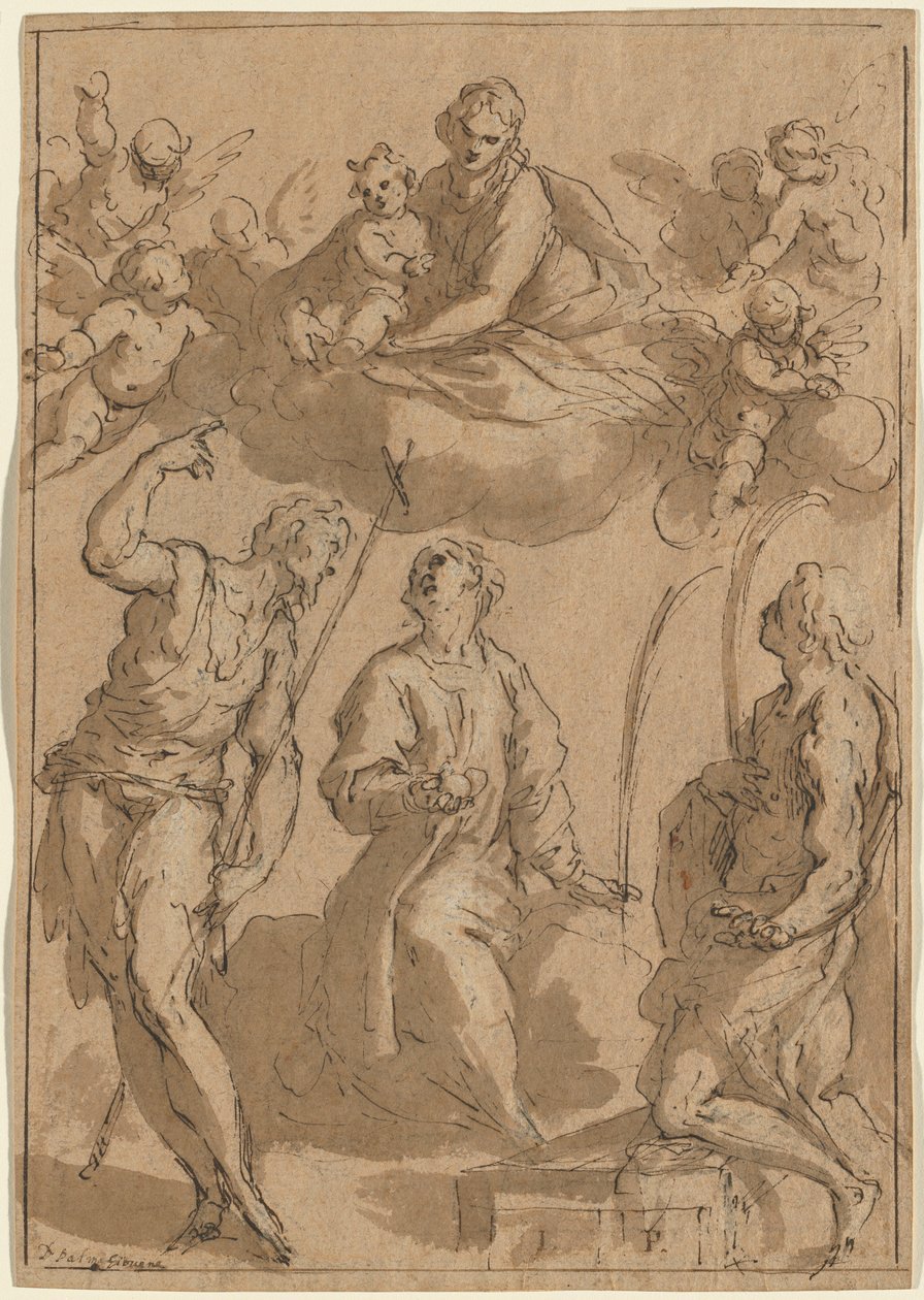 Madonna og barn i herlighed med de hellige Johannes Døberen, Stephen og Lawrence af Jacopo Palma il Giovane