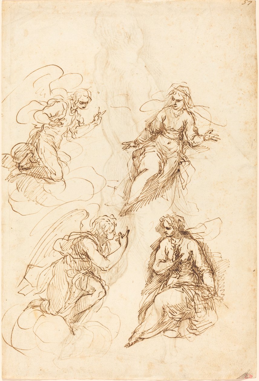 Studier til en bebudelse [recto] af Jacopo Palma il Giovane