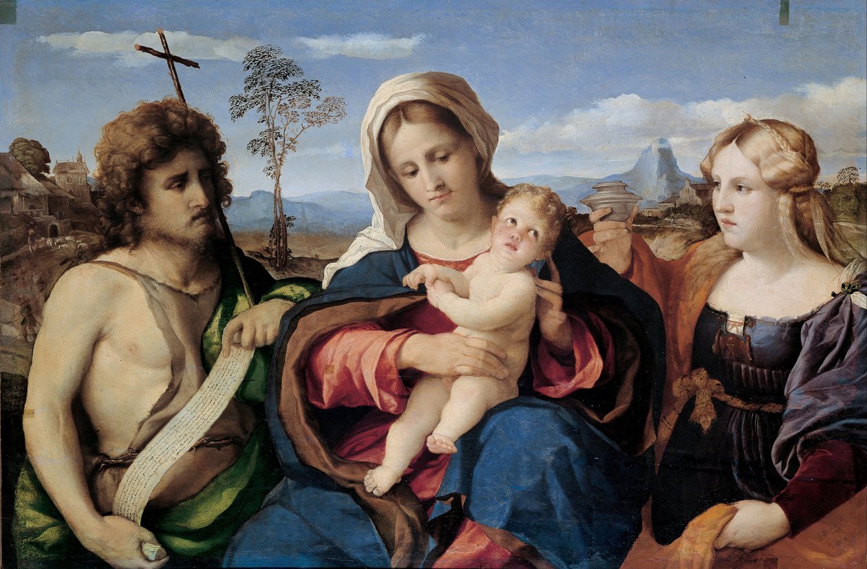 Madonna og barn med Johannes Døberen og Maria Magdalena, 1520-1523 af Jacopo Palma il Vecchio the Elder