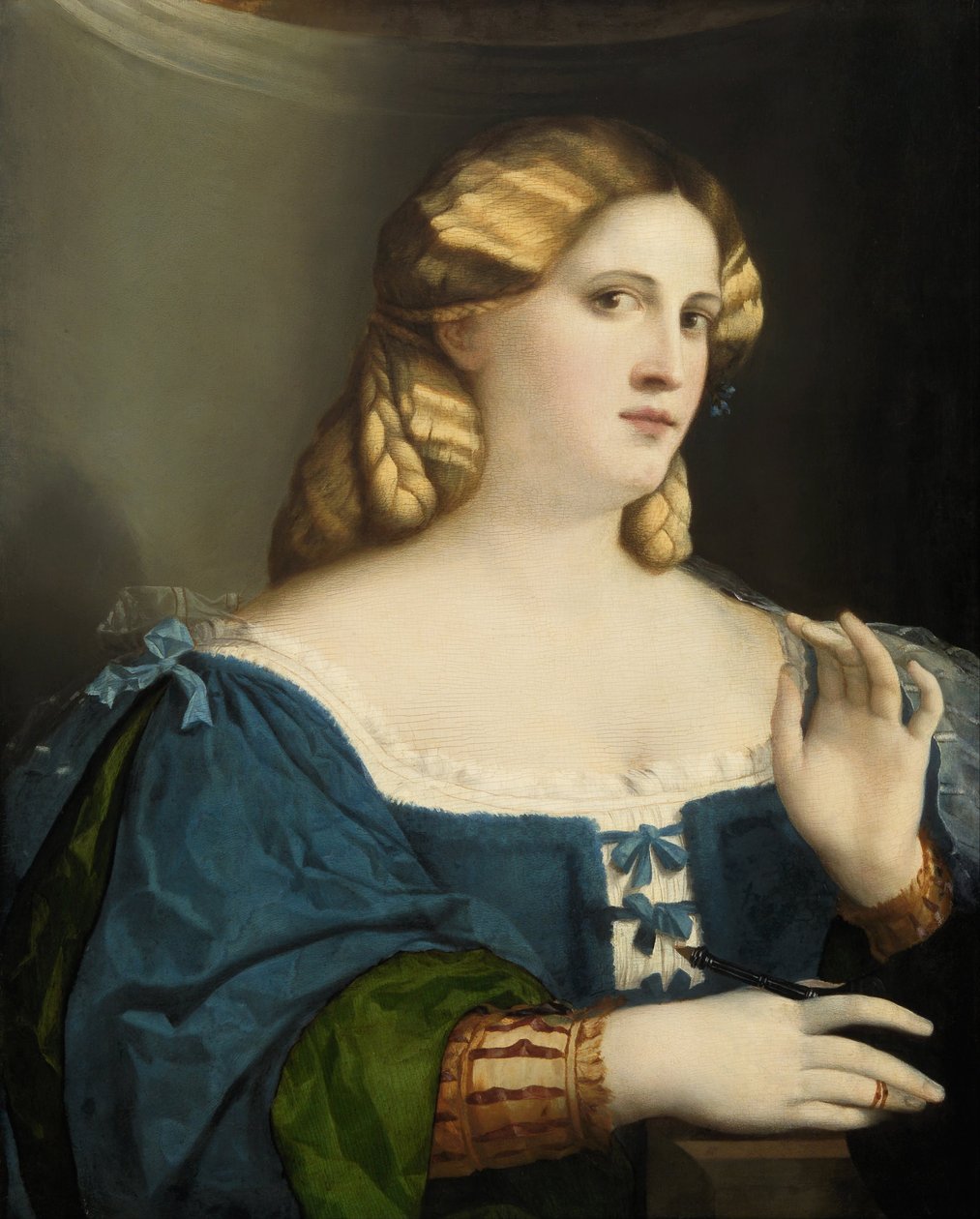 Ung kvinde i en blå kjole, med vifte, 1512-1514 af Jacopo Palma il Vecchio the Elder