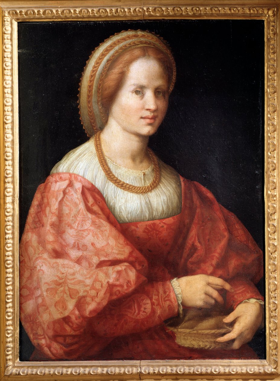 Portræt af dame med en kurv med spindler - olie på panel af Jacopo Pontormo