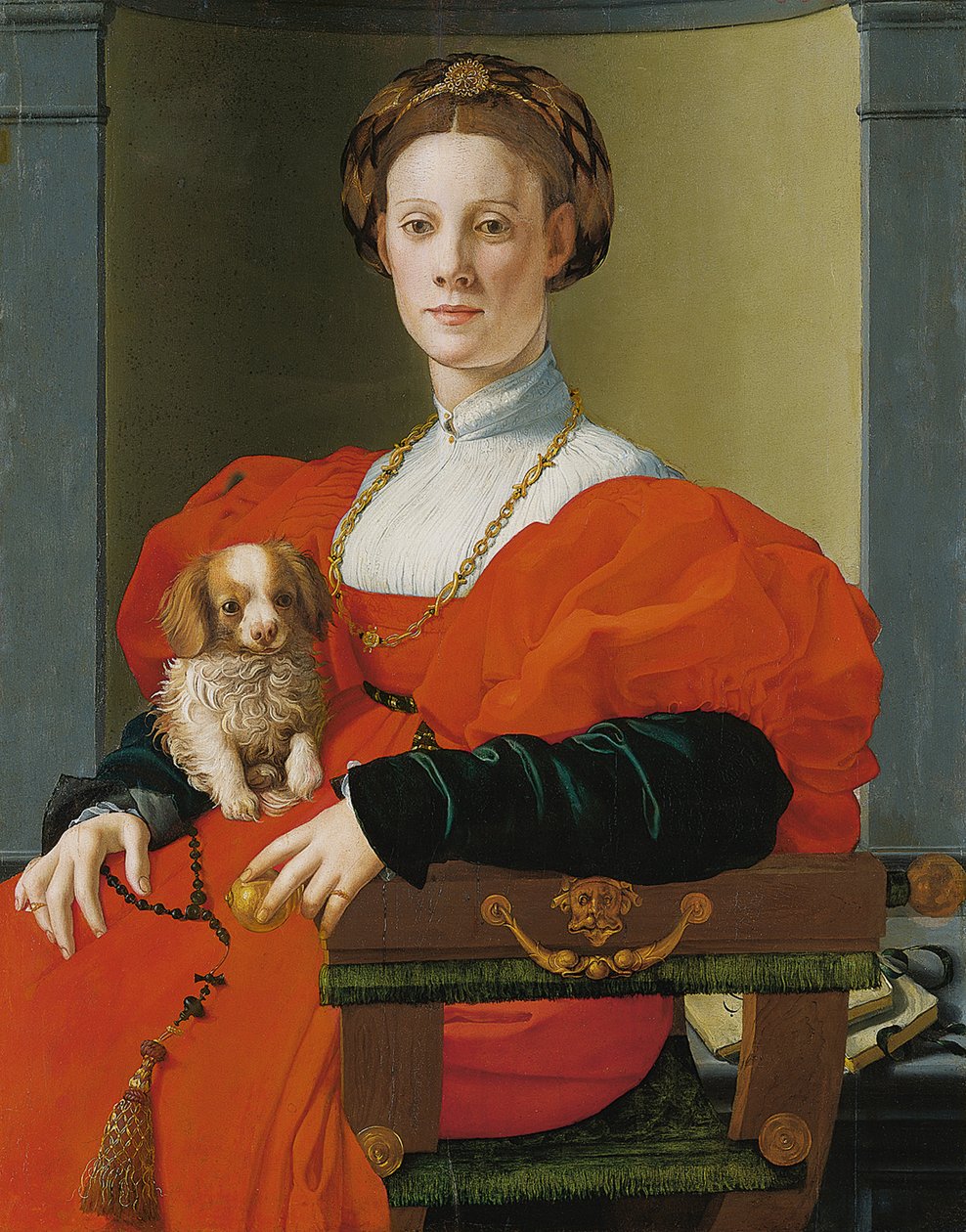 Portræt af en kvinde med en lille hund af Jacopo Pontormo
