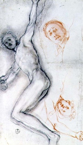 Studie af Kristus naglet til korset, hovedet øvet to gange (sort og rødt kridt) af Jacopo Pontormo