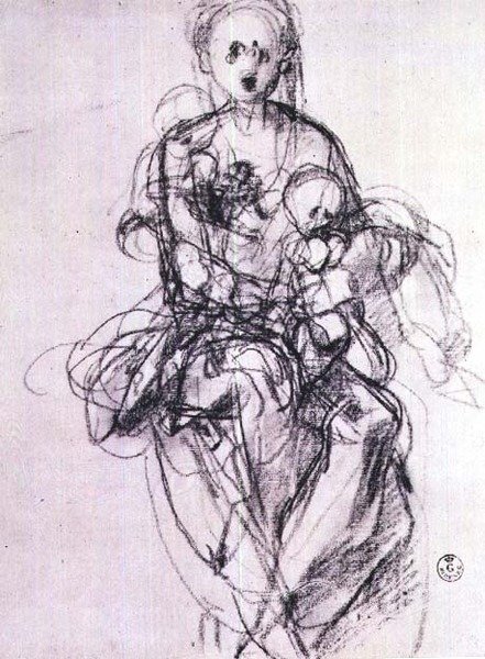 Studie af en Madonna og et barn (kridt) af Jacopo Pontormo