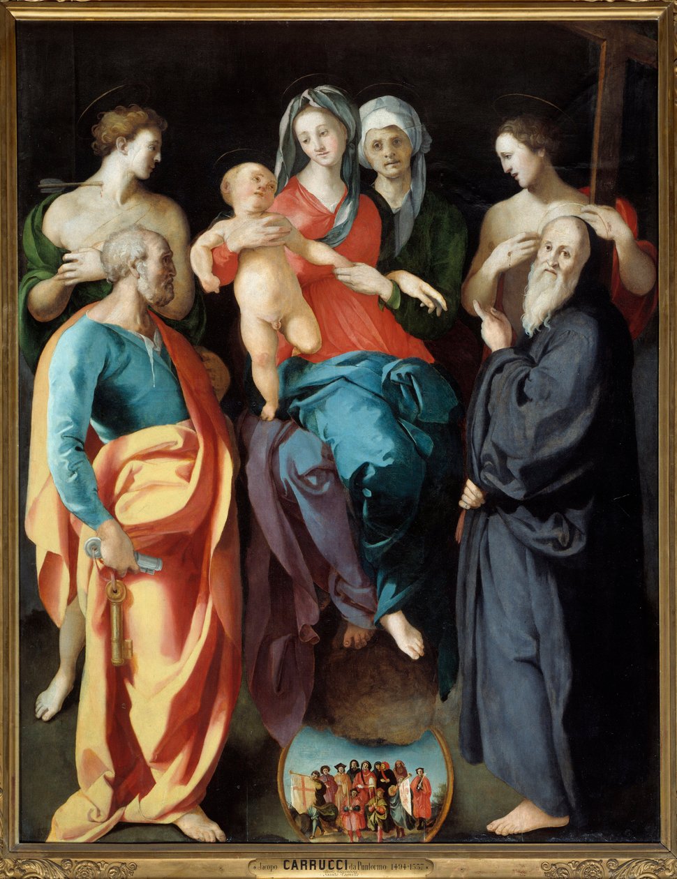 Jomfruen har barn med Saint Anne og fire helgener Saint Sebastian, Peter, Benedikt af Nursie og den gode tyv (også kaldet Saint Dismas (eller Dysmas, Dimas, Dumas) Maleri af Jacopo (Iacopo) Carrucci dit il Pontormo (Pontormo) (1494) -1556) 1529 Dim 2,28 af Jacopo Pontormo
