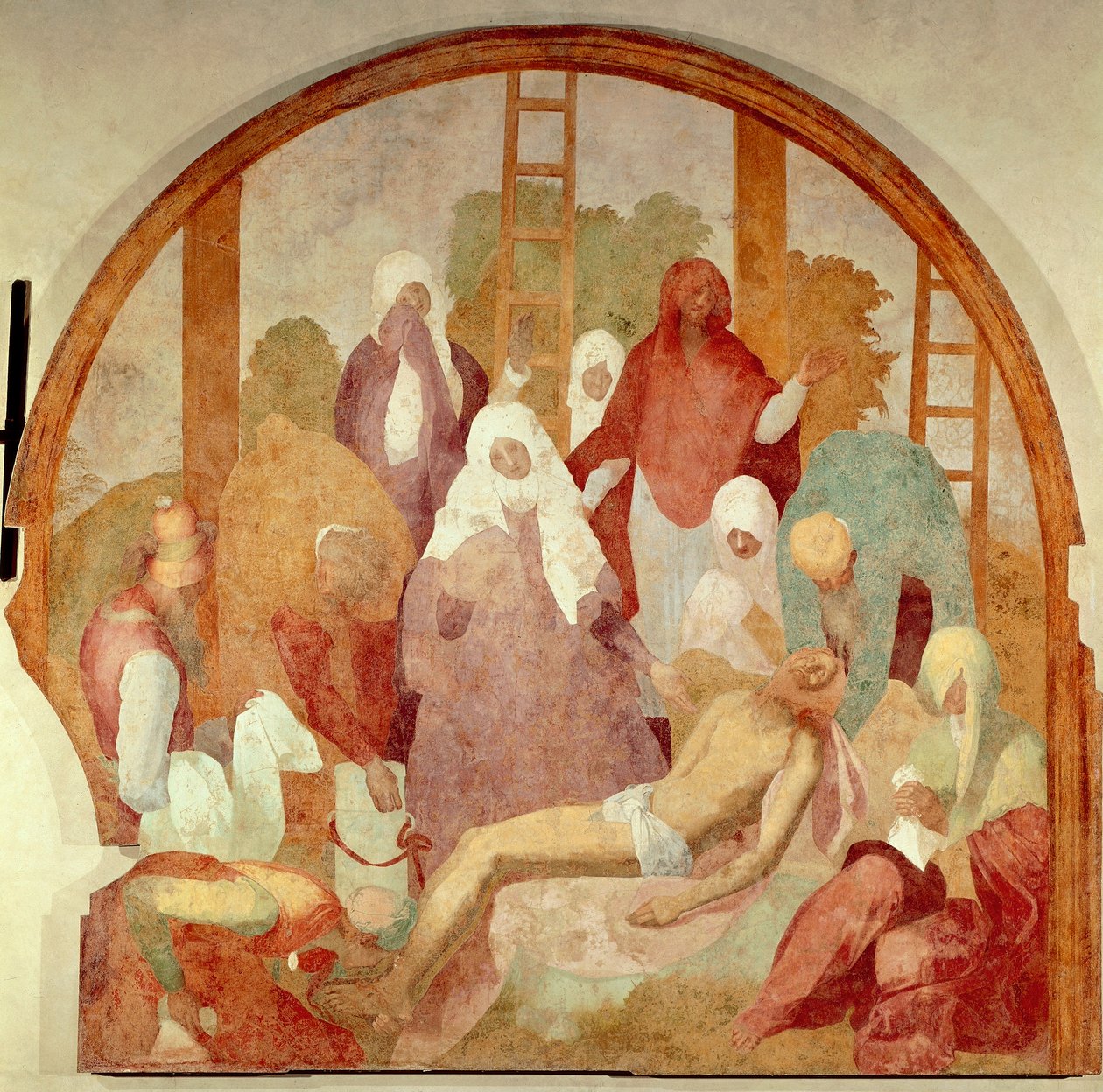 Aflejringen, detalje fra Fresco Cycle of Passion af Giacomo Carucci, kendt som Pontormo (1494-1556), fresco, 300x290 cm Certosa di Galluzzo, Firenze af Jacopo Pontormo