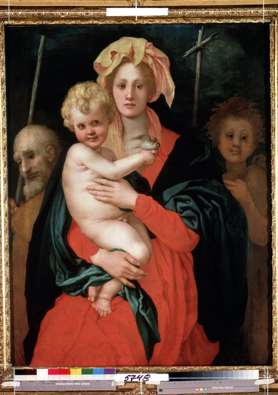 Jomfru og barn med Sankt Josef og Sankt Johannes Døberen (Madonna og Barn med Sankt Josef og Johannes Døberen). Kristus holder en fugl i hånden. Maleri af Jacopo (Iacopo) Carrucci dit il Pontormo (Pontorme) (1494-1557), omkring 1520. Kunstflora af Jacopo Pontormo