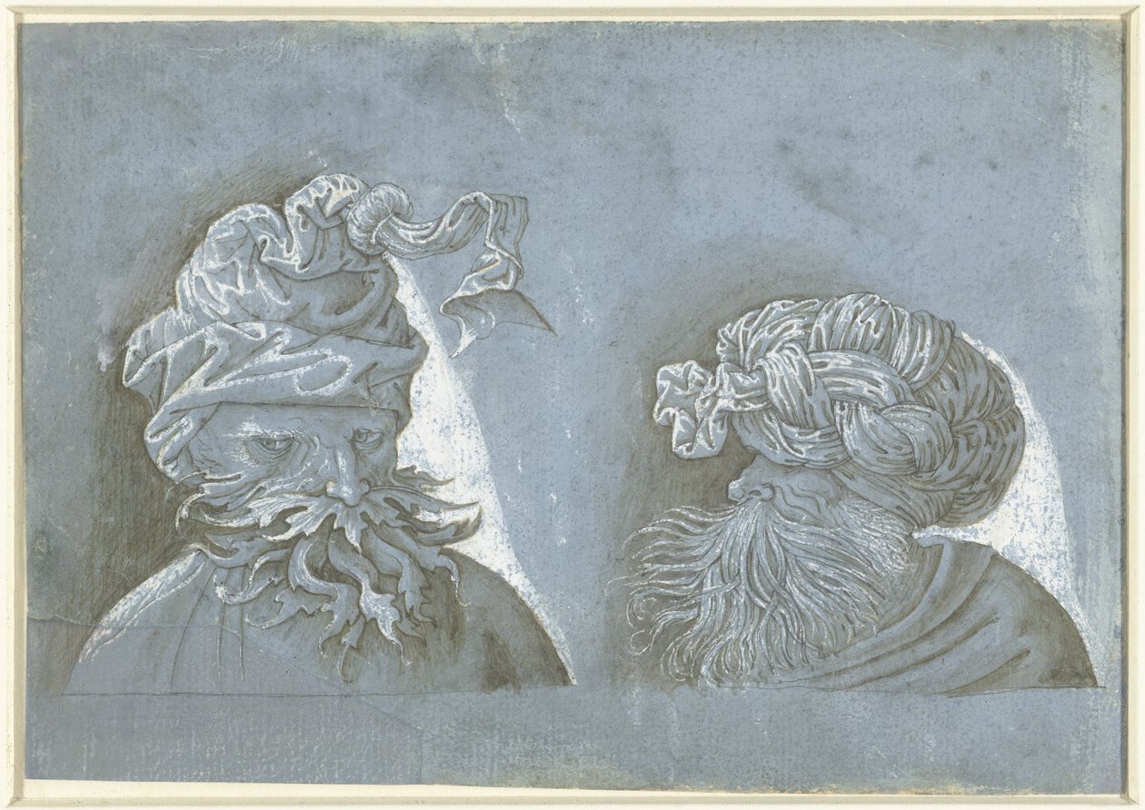 To hoveder af mænd med hovedbeklædning Hoveder af mænd med alien hovedbeklædning (serietitel) af Jacopo Ripanda (attributed to)
